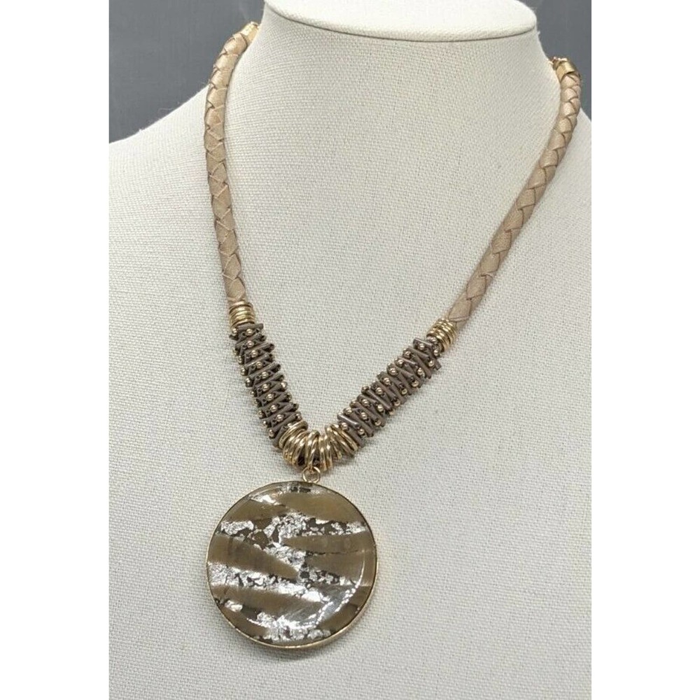 CHICO'S Pendant Necklace Circle Brown Gold Tone Silver Tone Metallic Tan Braided - Picture 3 of 9